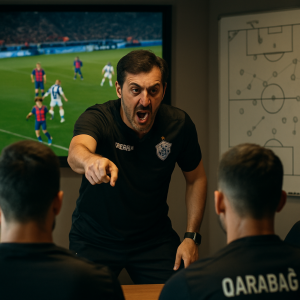 Qarabağ FK strategy session with players and coach discussing European match tactics.