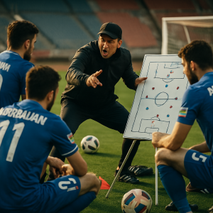 A focused depiction of Azerbaijani national players during a strategic briefing session on the