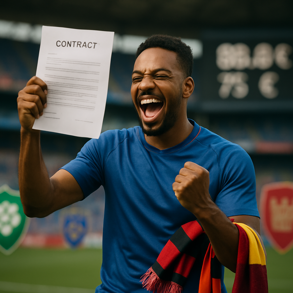 Image of a football player celebrating in front of a European stadium with various