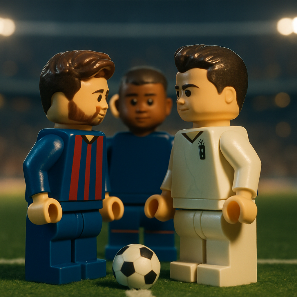 LEGO-style minifigures representing Messi, Cristiano Ronaldo, and Mbappé stand together on a miniature football