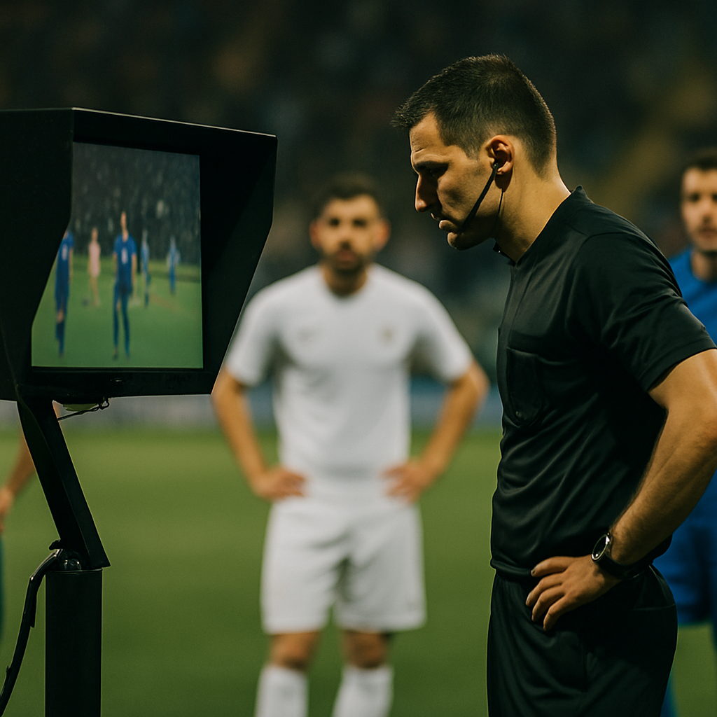 A football referee reviews a disputed play on a pitchside VAR monitor as players
