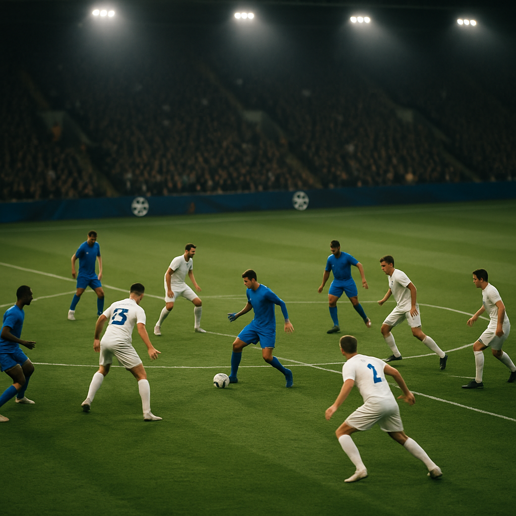 A Champions League match in progress, with one team pressing high as the opponents