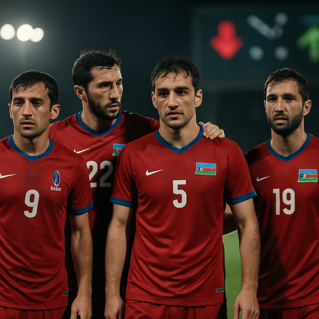 Azerbaijan national team players gather on the pitch after a match, suggesting the impact