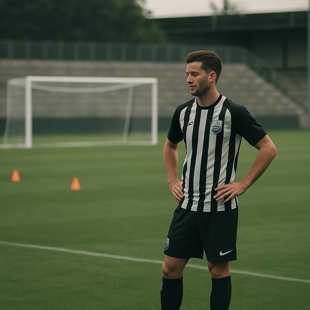 A Neftçi player waits alone near the penalty area during an overcast training session.