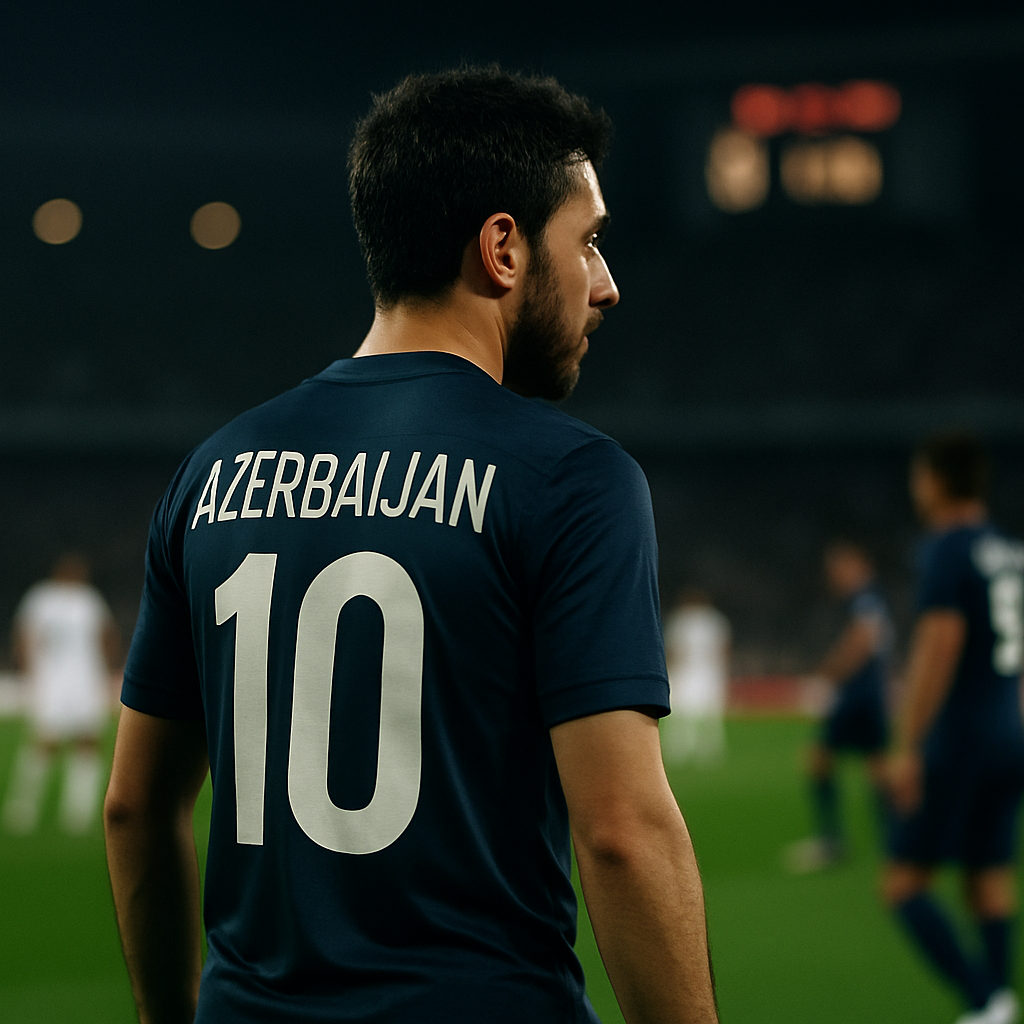 An Azerbaijani footballer pauses on a European pitch during a match as the clock