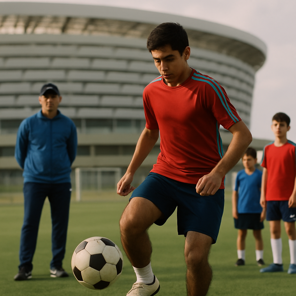 A young Azerbaijani athlete trains with coaches at a modern sports academy beside a
