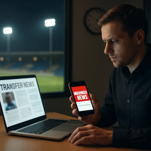 A sports journalist checks transfer news on a laptop and phone as a clock