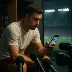 A footballer considers a social media post as cameras and microphones signal the scrutiny