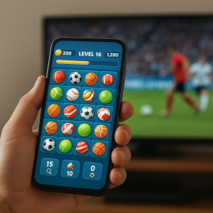 A person holds a phone showing a sports-themed match-3 game, with a football match