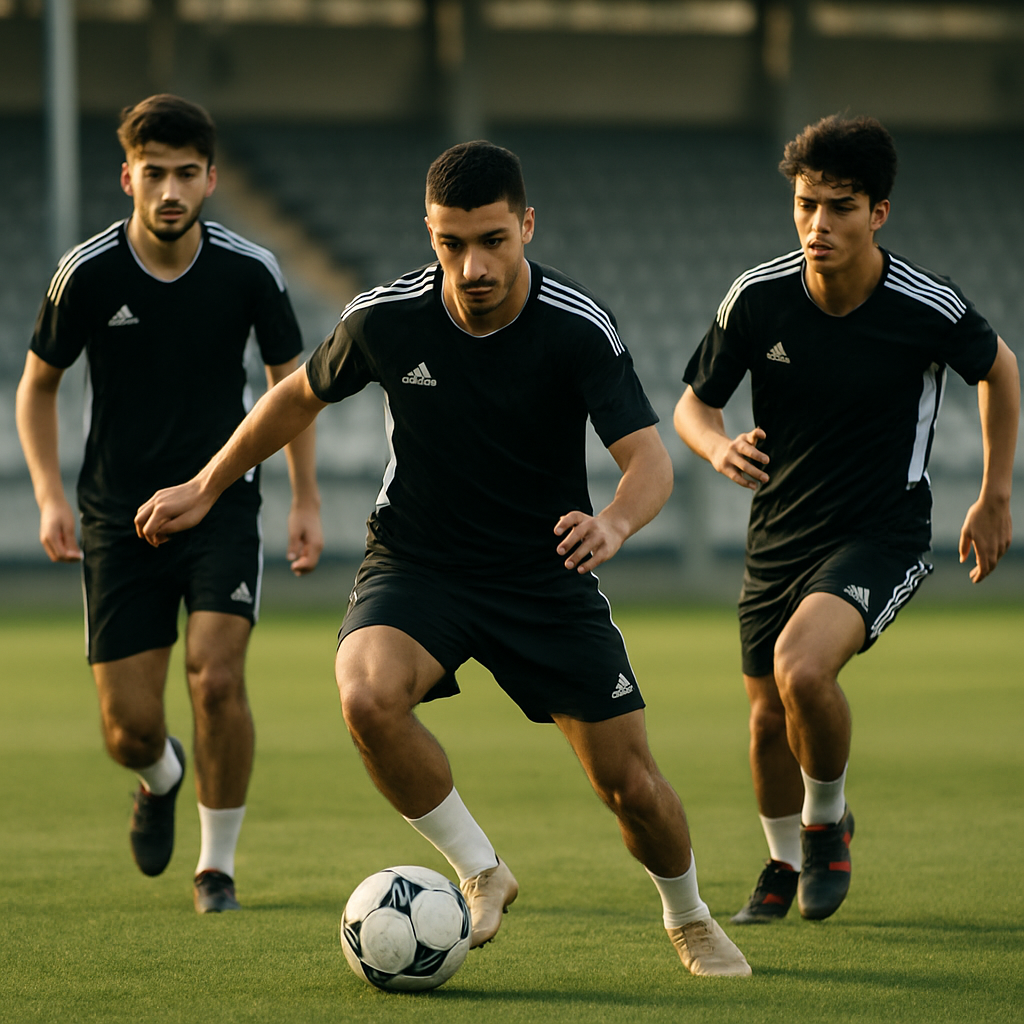 Three young footballers training together on a pitch, representing the promise of Azerbaijani club